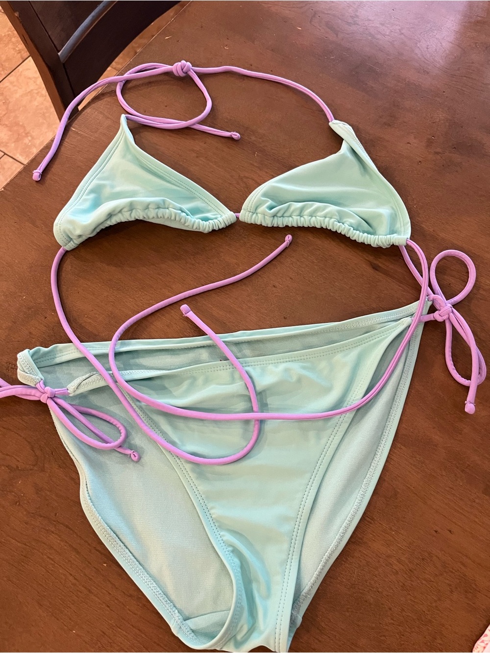 NOBO Light Aqua Triangle Bikini with Lilac Tie Straps